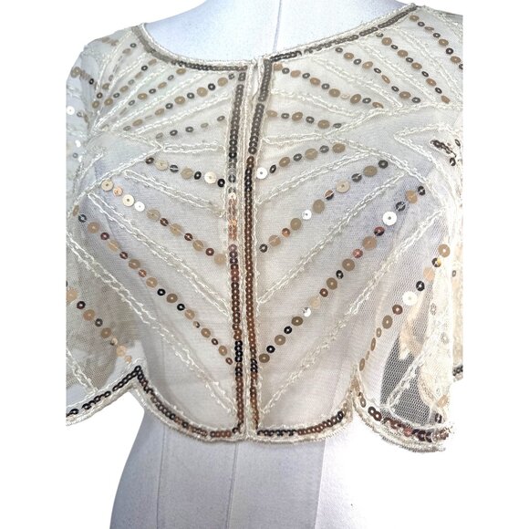 Beaded Sequins OS Capelet Scalloped Shawl Elegant Sheer Vintage Style Ivory - Picture 15 of 16